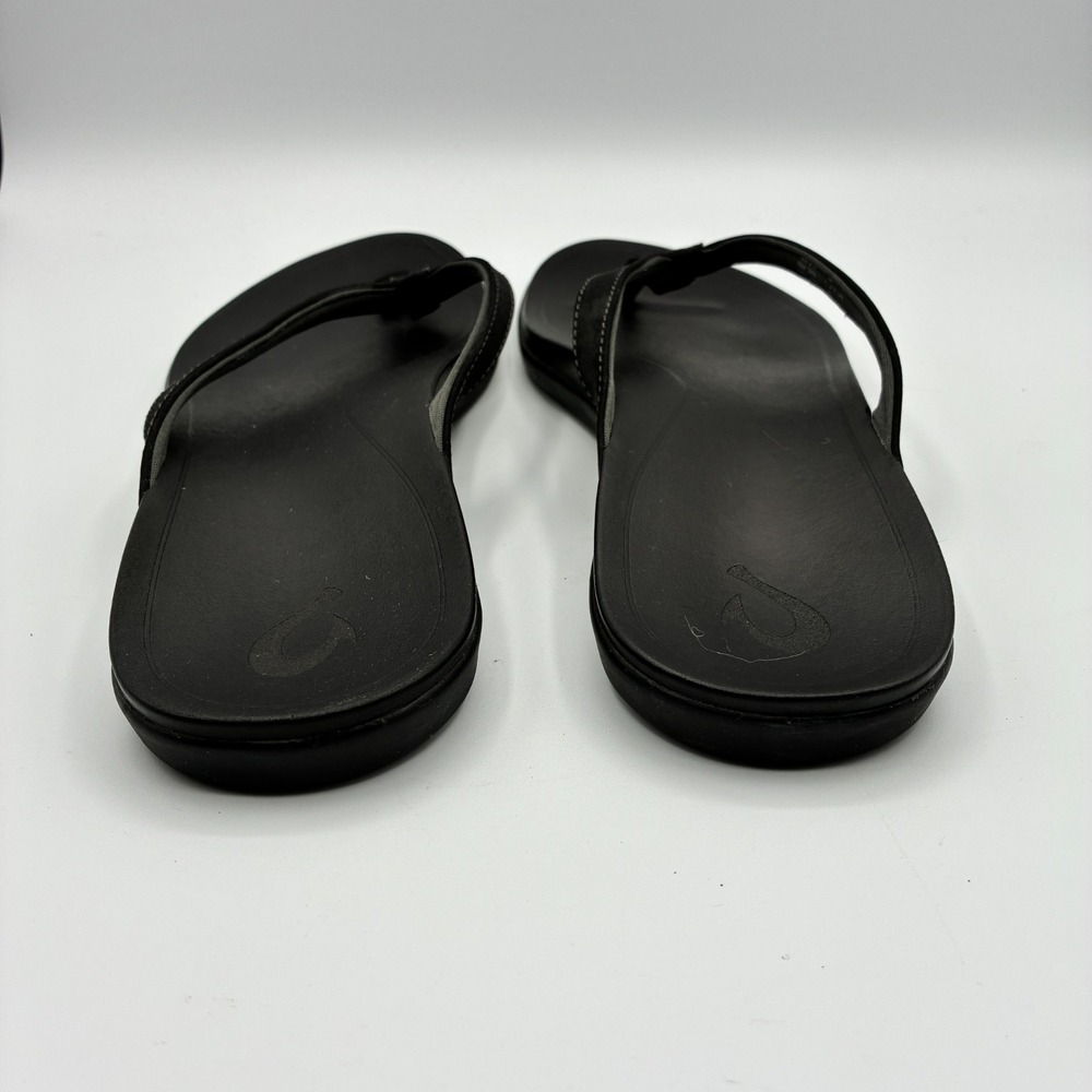 Olukai Flip Flops Womens 11 Ho'opio Black Leather Thong Flats Slip On Beach - Picture 5 of 10